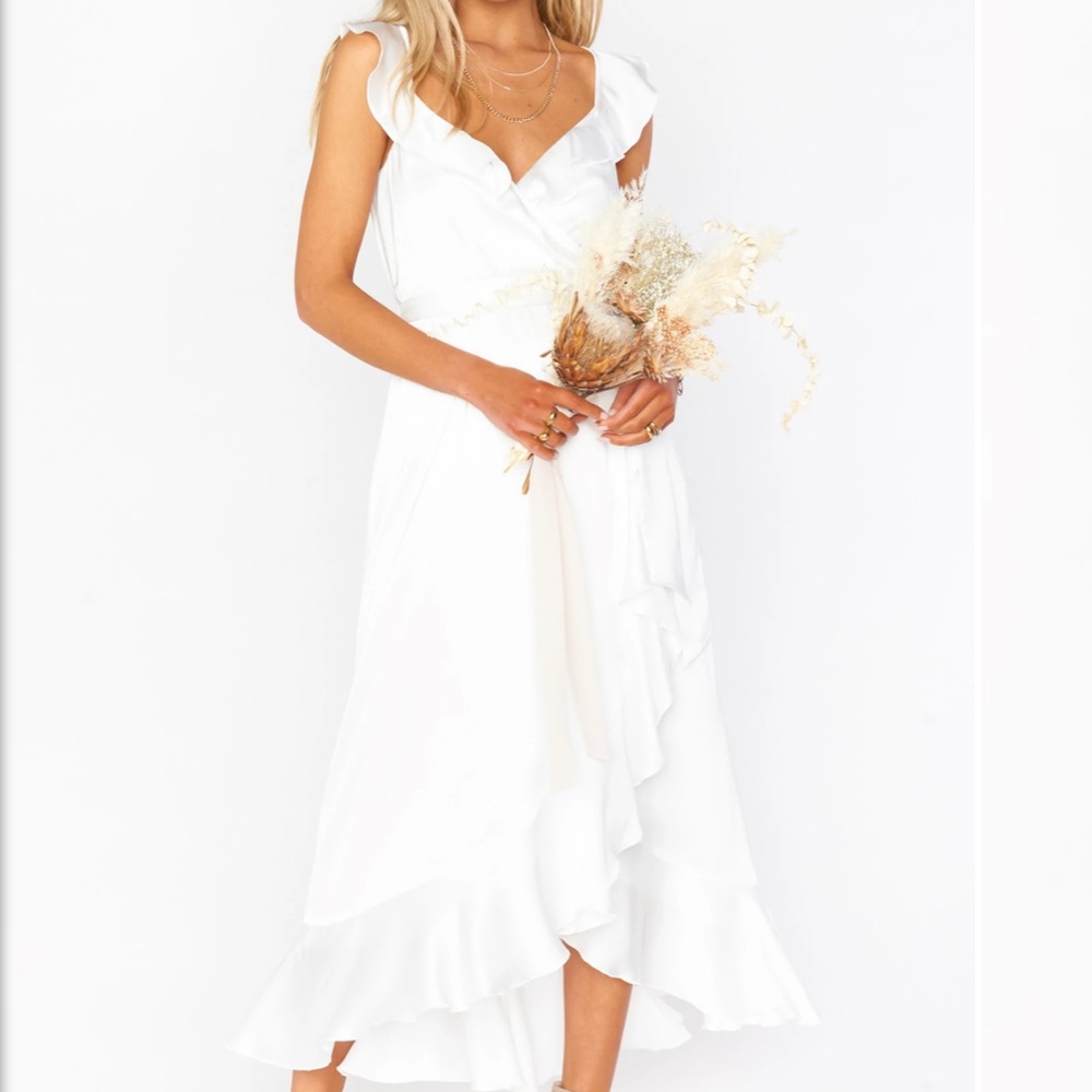 Show Me Your Mumu Samantha Ruffle Wrap Dress in Ivory Luxe Satin NWT